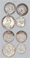 Lot von Reichsmünzen. Sachsen, 2 Mark 1904 und Preussen, 3 Mark 1908, 1910 sowie 5 Mark 1914