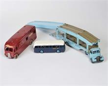 Dinky Super Toys, Konvolut Autotransporter, Raupe, Pferdetransporter + Werbebus