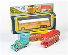 Corgi Toys, PTT-Bus, Motorway Express, Routemaster + Land Rover