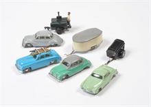 Siku, Borgward 1800, Camping Anhänger, 2x DKW Sonderklasse, Anhänger, Feldküche V 136, VW Karmann Coupe V 80
