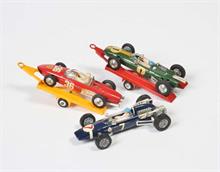 Corgi Toys, Lotus Climax + Anhänger, Cooper Maserati + Ferrari