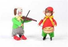 Schuco, Clown mit Geige + Affe mit Trommel