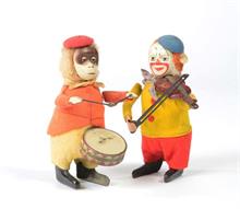 Schuco, Affe mit Trommel + Clown mit Geige