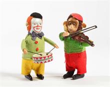 Schuco, Clown mit Trommel + Affe mit Geige
