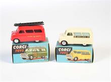 Corgi Toys, Bedford Bus Ambulance getrennte Scheibe + Bedford Utilecon Fire Dept getrennte Scheibe, rot