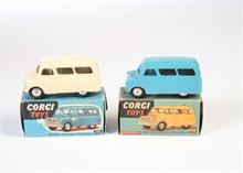 Corgi Toys, Bedford Dornmobile 404 M + Bedford Dornmobile 404 mit getrennter Scheibe + glatten Felgen