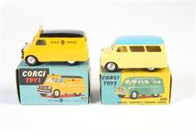 Corgi Toys, Bedford Road Service mit getrennter Scheibe + Bedford Dornmobile mit ungetrennter Scheibe, geformte Scheibe 