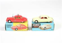 Corgi Toys, Jaguar 2,4 l Saloon mit glatten Felgen in Box 208 + Jaguar 2,4 l Feuerwehr 208 + 213
