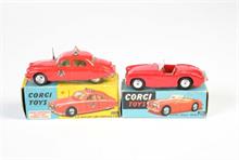 Corgi Toys, Austin Healy 100-4, rot mit geformten Felgen + Jaguar 2,4 l Feuerwehr 2013 S, rot