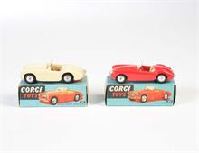 Corgi Toys, Austin Healy 100-4 mit glatten Felgen, elfenbein + MGA mit glatten Felgen, hellrot