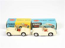 Corgi Toys, Austin Healy 100-4 mit geformten Felgen, elfenbein + Triumph TR 2, beige