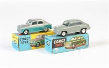 Corgi Toys, Morris Cowley Limousine, grau (202) + Austin Cambridge Saloon silber/grün metallic (201)