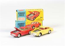 Corgi Toys, 2x Aston Martin DB 4 mit Luft + geformten Felgen, rot + gelb (218)