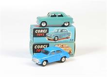 Corgi Toys, Austin Cambridge Saloon, türkis (201) + Morris Cowley Limousine, blau (202)