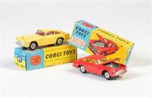 Corgi Toys, 2x Aston Martin DB 4, gelb mit Luft + Speichenfelgen  + DB 4, rot ohne Luft + Speichenfelgen (218)