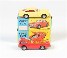 Corgi Toys, 2x Aston Martin DB 4 ohne Luft mit geformten Felgen, rot + gelb (218)