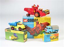 Corgi Toys, Jeep FC 150 mit Plane, Mercedes Unimog Kipper + Massey Ferguson 700 Mähdrescher
