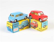 Corgi Toys, Austin Seven mit geformten Felgen + Morris Minor mit geformten Felgen, innen gelb