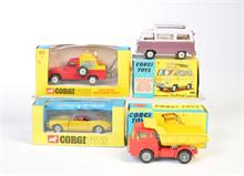 Corgi Toys, Bedford Tipper Truck , Ford Thames Airborne Caravan, Land Rover 109 WB + Chevrolet SS 350 Camaro
