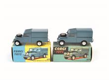 Corgi Toys, 2x RAF Landrover in blauer Box/gelb blauer Box