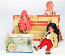 Schildkröt u.a., Konvolut Kaufladen, 3 Schildkröt Puppen + Badezimmer aus Blech