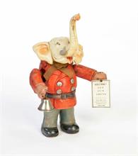 C.K., Celluloid Figur Elefant mit Schild + Glocke