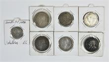 Südafrika, kl. Konvolut von 2 1/2 Shilling (3x); 2 Shilling (3x) und 1 Shilling (1x) aus der Zeit von 1895 bis 1897. 7 Stück.