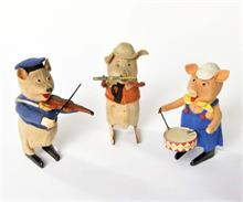 Schuco, Schwein mit Flöte, Schwein mit Geige + Schwein mit Trommel