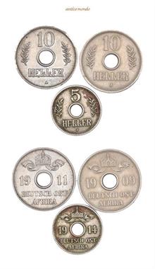 Deutsch-Ostafrika, 10 Heller (2x), 5 Heller, 1909, 1911, 1914