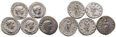 Römische Kaiserzeit, Gordianus III. 238-244 n. Chr., Antoniniane, 5 Stück