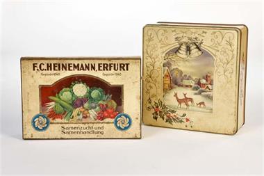 2 Blechdosen "Heinemann Samenzucht und Samenhandlung" + Weihnachten