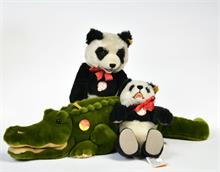 Steiff, 2x Panda + Krokodil