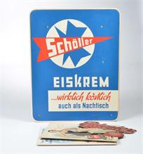 4 Werbepappen "Schöller Eiskrem", 2x "Regulato Tee", "Patentex"