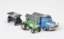 Schuco, Piccolo Muldenkipper + Traktor + Anhänger