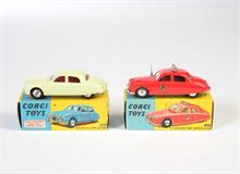 Corgi Toys, Jaguar 2,4 l 231 S in Box 213 + Jaguar 2,4 l 208 S mit geformten Felgen, gelb