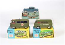 Corgi Toys, Commer Military Ambulance, VW Bus Armee Personel Carrier + Standard Vanguard RAF Staff Car