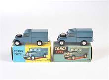 Corgi Toys, 2x RAF Landroveri n blauer Box/gelb blauer Box, blau mit glatten Felgen