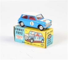 Corgi Toys, BMC Morris Mini Comp. blau/weiß, innen rot, #1, Front weiß