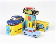Corgi Toys, Mini Cooper De Luxe mit Speichenfelgen + Morris Mini Minor, hellblau + innen rot mit Speichenfelgen + Hillma