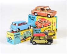 Corgi Toys, Mini Cooper De Luxe Wickenwork mit geformten Felgen + Morris Mini Minor mit geformten Felgen, innen rot + Hi