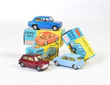 Corgi Toys, Hillmann Imp. Limousine + Morris Minor mit Speichenfelgen, innen gelb + Morris Minor, weinrot