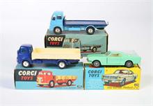 Corgi Toys, ERF Lorry in blauer Box, Commer Lorry + Ford Mustang Fastback Coupe