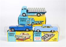 Corgi Toys, ERF Lorry in gelb/blauer Box, Chevrolet Corvair mit glatten Felgen + Ford Mustang Fastback Coupe