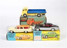 Corgi Toys, ERF Modell 44 B Dropside Lorry, Bentley Continental Sports Saloon + Plymouth Kombi mit glatten Felgen