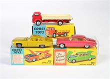 Corgi Toys, Jaguar Mark X Limousine mit Koffer, Chrysler Ghia Coupe + Commer Lorry LKW