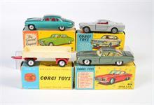 Corgi Toys, Anhänger, Ford Mustang Fastback Coupe, Chrysler Ghia Coupe + Jaguar Mark X Limousine mit Koffer