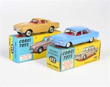 Corgi Toys, Chevrolet Corvair mit glatten Felgen + innen rot + Volvo P 1800 Coupe