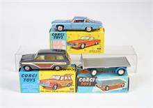 Corgi Toys, Chrysler Ghia Coupe, Ford Cortina Kombi mit Speichenfelgen + Platform Trailer