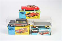 Corgi Toys, Ford Cortina Kombi, Platform Trailer + Marlin Rambler Fastback
