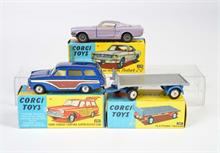 Corgi Toys, Ford Cortina Kombi, Platform Trailer + Ford Mustang Fastback Coupe